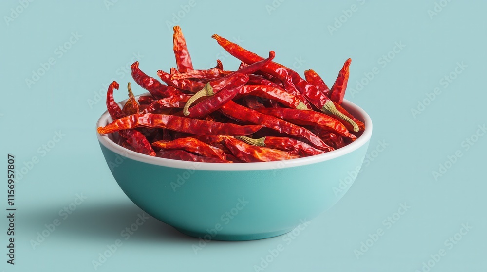 A vibrant bowl filled with dried red chili peppers, set against a soft blue background, showcasing their rich color and texture. A vibrant bowl filled with dried red chili peppers, set against a soft blue background, showcasing their rich color and texture.