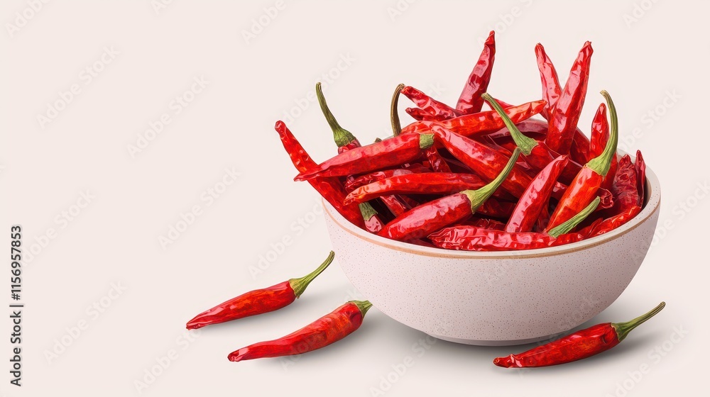 A bowl of vibrant red chili peppers, showcasing their fresh appearance and adding a spicy touch to culinary creations. A bowl of vibrant red chili peppers, showcasing their fresh appearance and adding a spicy touch to culinary creations.