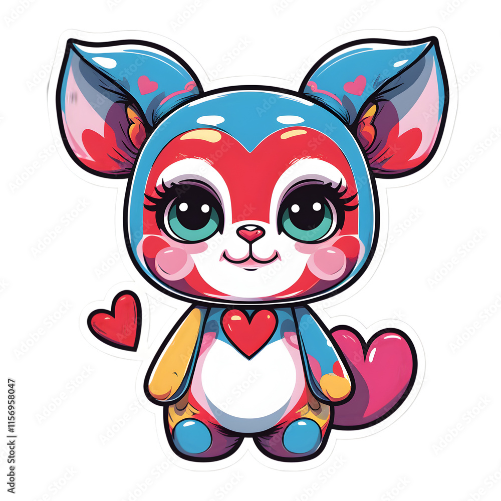 Cute cartoon dog and cat sticker with hearts smiling happily face Cute cartoon dog and cat sticker with hearts smiling happily face