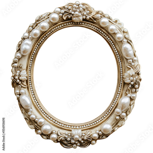 Elegant oval frame with pearl embellishments, Isolated on transparent background cut out