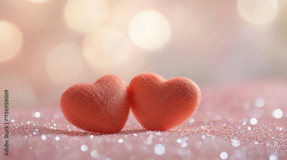 Obraz premium Two orange velvet hearts on sparkling glitter background for Valentine's Day themes