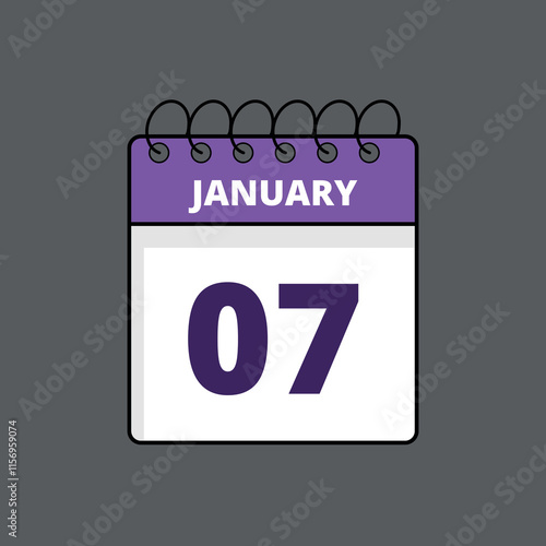 Purple and white calendar flat icon with specific day marking January 7st, calendar icon day 07.