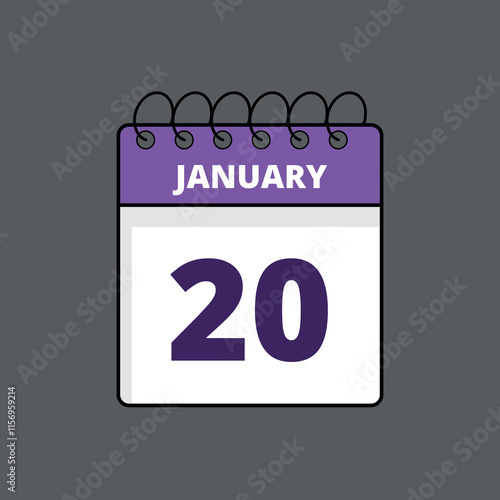 Purple and white calendar flat icon with specific day marking January 20st, calendar icon day 20. photo