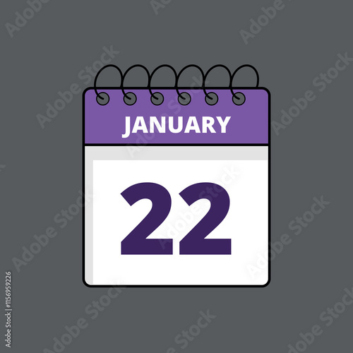 Purple and white calendar flat icon with specific day marking January 22st, calendar icon day 22.