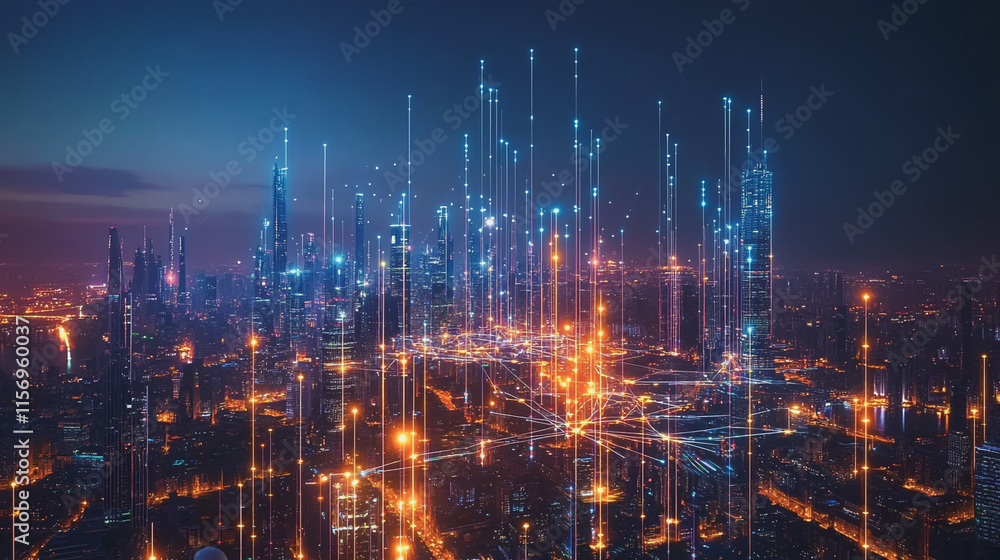 Fototapeta premium Smart digital Innovation city with connection network reciprocity over the cityscape. of future smart wireless digital city and social media networking systems that connects people with in city