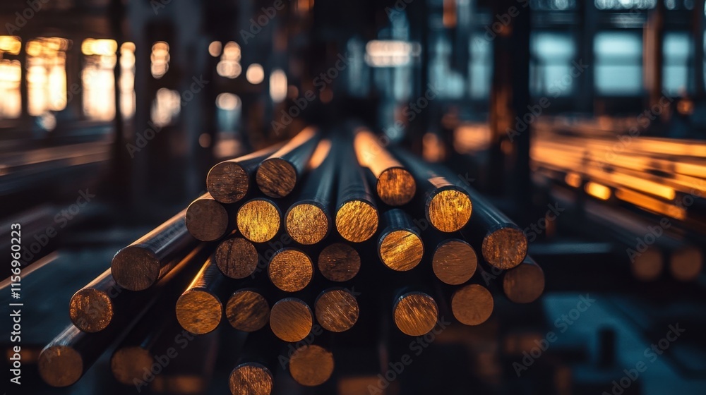 Close-Up View of Steel Bars in Industrial Warehouse at Sunset Close-Up View of Steel Bars in Industrial Warehouse at Sunset