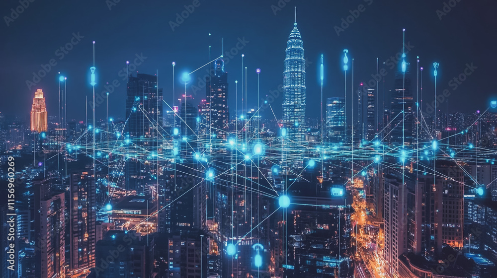 Smart digital Innovation city with connection network reciprocity over the cityscape. of future smart wireless digital city and social media networking systems that connects people with in city Smart digital Innovation city with connection network reciprocity over the cityscape. of future smart wireless digital city and social media networking systems that connects people with in city