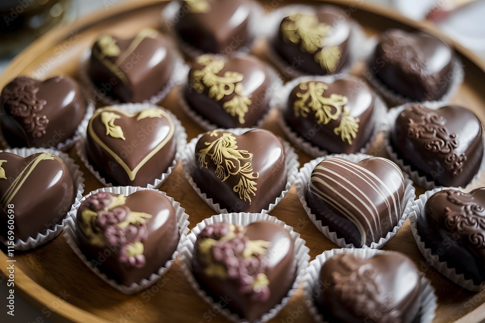 Heart-Shaped Gourmet Chocolates on Wooden Tray with Intricate Designs, Valentine's Day Top View. Heart-Shaped Gourmet Chocolates on Wooden Tray with Intricate Designs, Valentine's Day Top View.