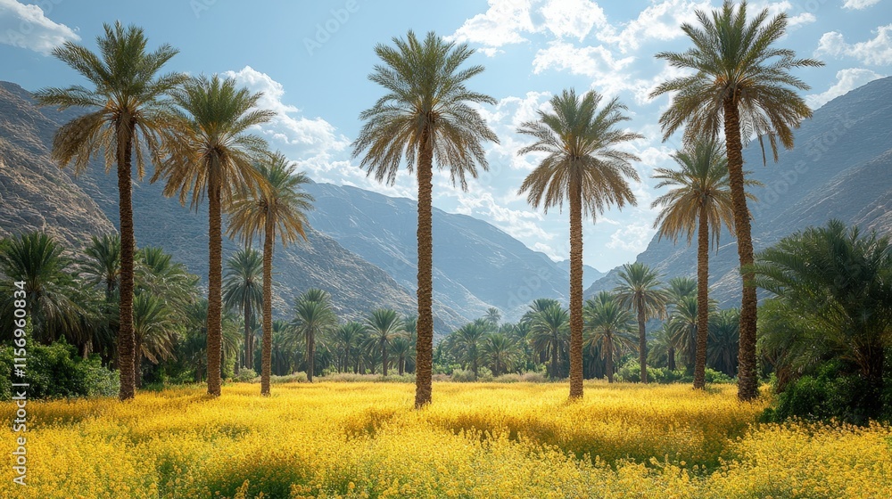 Scenic view of palm trees in a yellow flower field with mountains in the background under a bright sunny sky. Scenic view of palm trees in a yellow flower field with mountains in the background under a bright sunny sky.