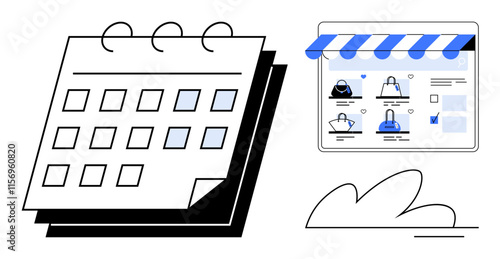 Calendar for scheduling daily tasks next to a digital storefront displaying various products for sale. Ideal for business planning, time management, e-commerce, online shopping, marketing strategy