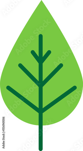 Stylized illustration of a green leaf with a pointed tip and rounded base. The leaf features a vertical dark green stem at its center, along with symmetrical dark green veins branching out, resembling