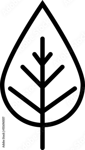 Black outline of a symmetrical leaf featuring a central vein and branching smaller veins. The design is minimalistic and clean, ideal for representing nature or eco-friendly concepts.