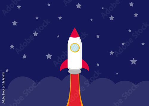 Cartoon-style rocket ship launching into space, featuring a white body with red accents, including a red nose cone and red fins. The rocket has a yellow circular window, and emits a bright orange and 