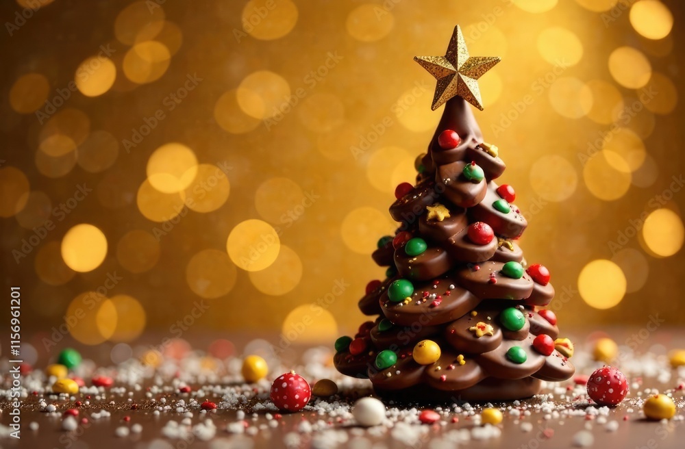 Creative Christmas tree made of chocolate candies on a festive gold Christmas background. Bakery, pastry, coffee shop, cafe, festive event planning, space for text. Happy New Year. Merry Christmas Creative Christmas tree made of chocolate candies on a festive gold Christmas background. Bakery, pastry, coffee shop, cafe, festive event planning, space for text. Happy New Year. Merry Christmas