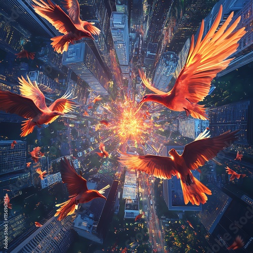 Surreal artwork of fiery birds soaring above a vibrant cityscape at sunset.  Dynamic composition, intense colors.
