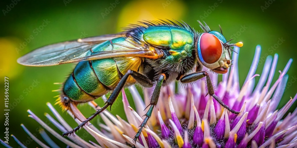 Macro Photography: Phasia hemiptera Fly on a Thistle Flower Close-Up Macro Photography: Phasia hemiptera Fly on a Thistle Flower Close-Up