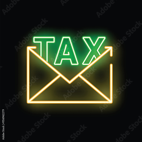 Neon sign illustrating the concept of tax payment with an open envelope and the word tax written inside