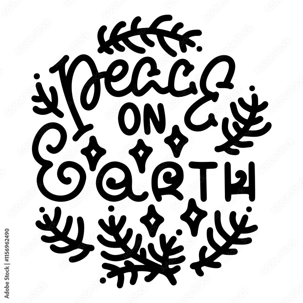 Handwritten minimalist Christmas quote with elegant stars and pine sprigs, perfect vector format for holiday designs. Peace on Earth Handwritten minimalist Christmas quote with elegant stars and pine sprigs, perfect vector format for holiday designs. Peace on Earth