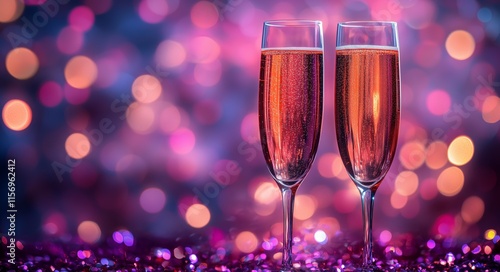 Two champagne glasses with pink bokeh background