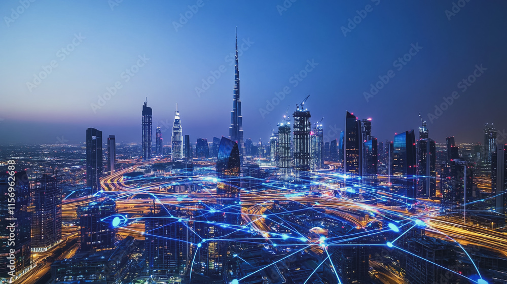 Fototapeta premium Smart digital Innovation city with connection network reciprocity over the cityscape. of future smart wireless digital city and social media networking systems that connects people with in city