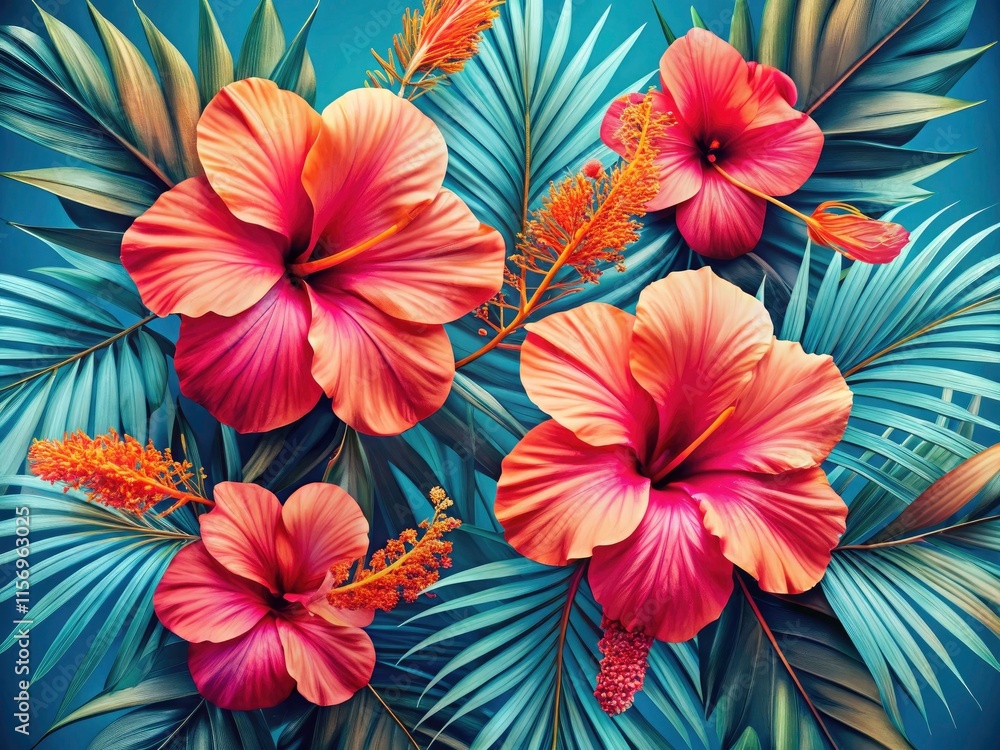 Obraz premium Tropical Hibiscus Floral Seamless Pattern, Pink Flower Orange Palm Leaves Blue Background, Exotic Jungle Wallpaper