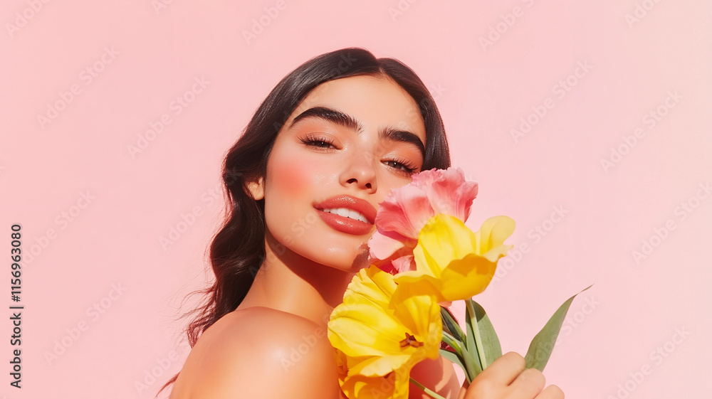 Beautiful Young Woman Holding Flowers on a Vibrant Background: Banner for International Women’s Day Celebrations Beautiful Young Woman Holding Flowers on a Vibrant Background: Banner for International Women’s Day Celebrations