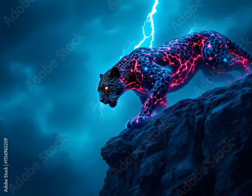 A large, muscular leopard with glowing red and blue energy emanating from its body, prowling against a dark background photo