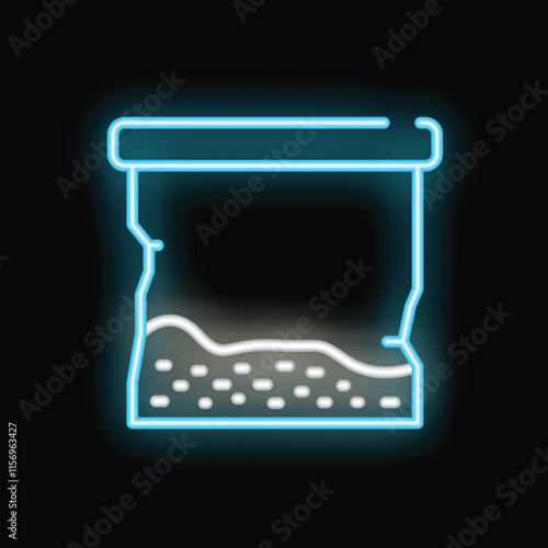 Blue neon sign depicting a plastic baggie containing illegal drugs, set on a black background
