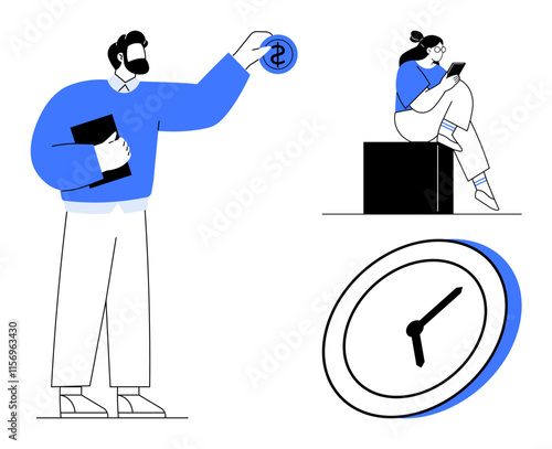 Businessman holding dollar coin, woman sitting on a block using tablet, large analog clock. Ideal for finance, time management, productivity, work-life balance, digital work, business planning