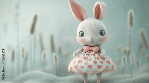 Adorable handcrafted bunny doll in a dreamy pastel setting