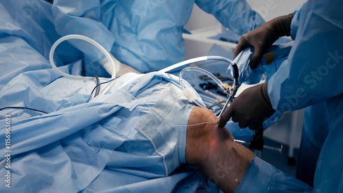 Fotografie The surgeon performs endoscopic manipulations on the kneecap