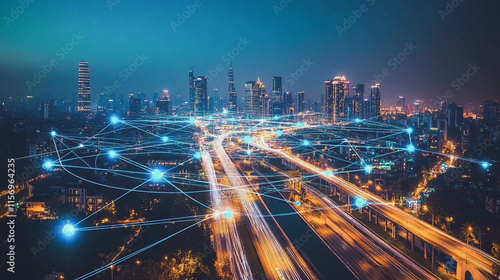 Smart digital Innovation city with connection network reciprocity over the cityscape. of future smart wireless digital city and social media networking systems that connects people with in city Smart digital Innovation city with connection network reciprocity over the cityscape. of future smart wireless digital city and social media networking systems that connects people with in city