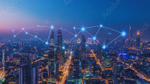 Wallpaper Mural Smart digital Innovation city with connection network reciprocity over the cityscape. of future smart wireless digital city and social media networking systems that connects people with in city Torontodigital.ca