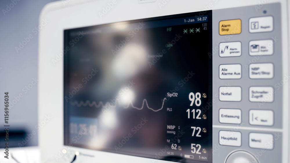 Close-up of a heart rate monitor in use during surgery. Vital signs displayed on a hospital screen, showing ECG readings on an anesthesia monitor. Medical equipment monitoring health during surgery. Close-up of a heart rate monitor in use during surgery. Vital signs displayed on a hospital screen, showing ECG readings on an anesthesia monitor. Medical equipment monitoring health during surgery.