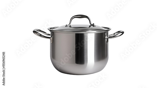 Large stainless steel pot with side handles, ideal for cooking and boiling, isolated on white background 