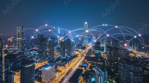 Wallpaper Mural Smart digital Innovation city with connection network reciprocity over the cityscape. of future smart wireless digital city and social media networking systems that connects people with in city Torontodigital.ca