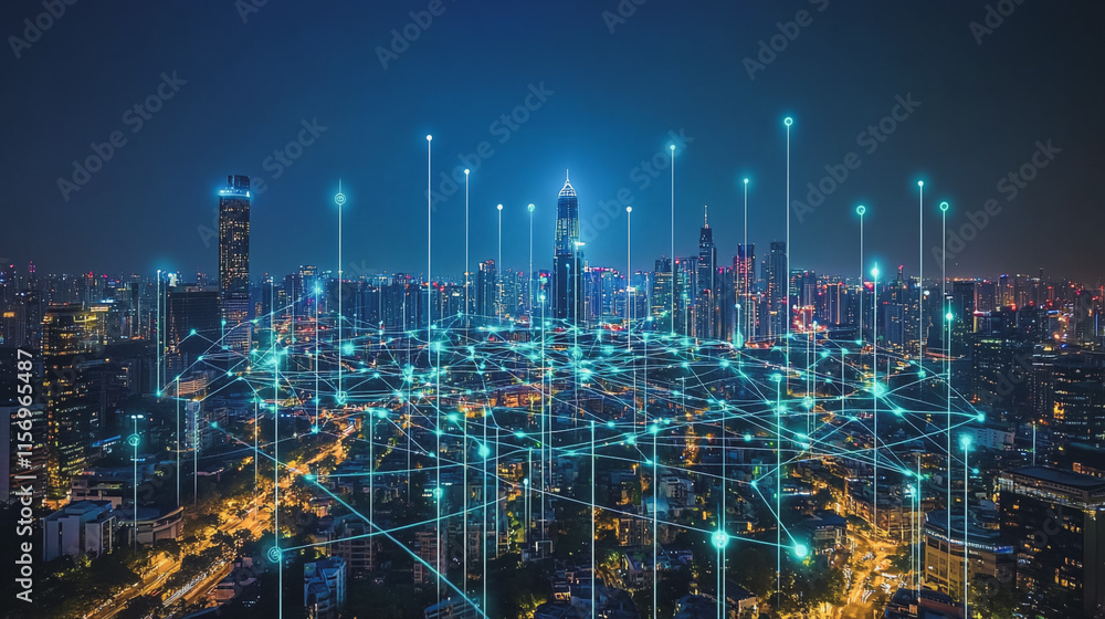 Fototapeta premium Smart digital Innovation city with connection network reciprocity over the cityscape. of future smart wireless digital city and social media networking systems that connects people with in city