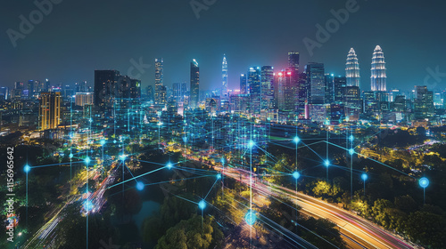 Wallpaper Mural Smart digital Innovation city with connection network reciprocity over the cityscape. of future smart wireless digital city and social media networking systems that connects people with in city Torontodigital.ca