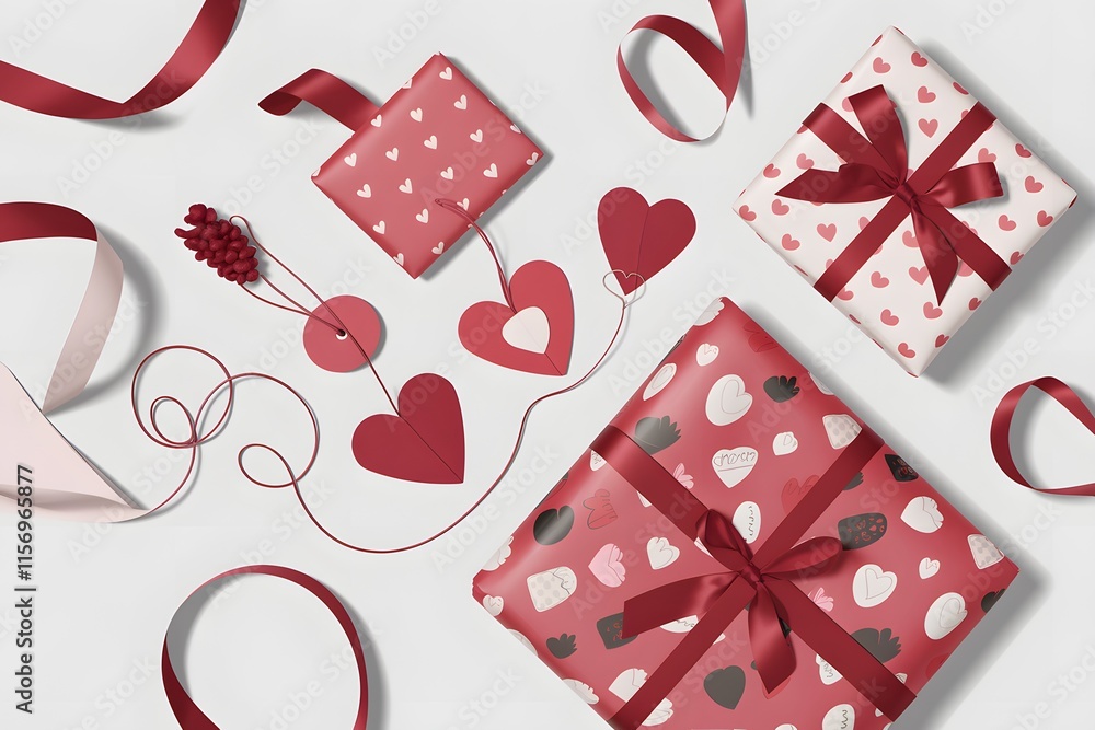 Obraz premium Valentine's Day Gifts with Heart-Wrapped Presents and Ribbons on White Surface, Romantic Theme.