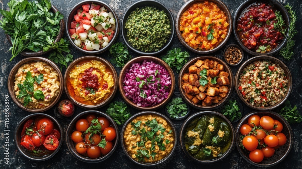 Overhead shot of various colorful bowls filled with different appetizers and side dishes. Overhead shot of various colorful bowls filled with different appetizers and side dishes.