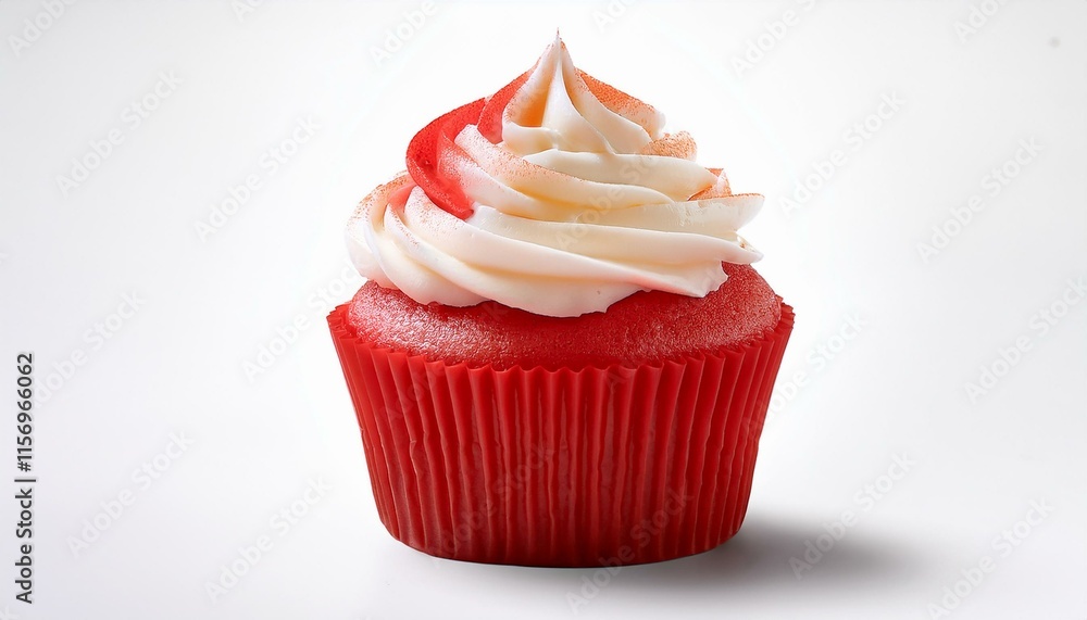 Vibrant red cupcake topped with fluffy white cream frosting, isolated on a white background, perfect for dessert menus and bakery promotions Vibrant red cupcake topped with fluffy white cream frosting, isolated on a white background, perfect for dessert menus and bakery promotions