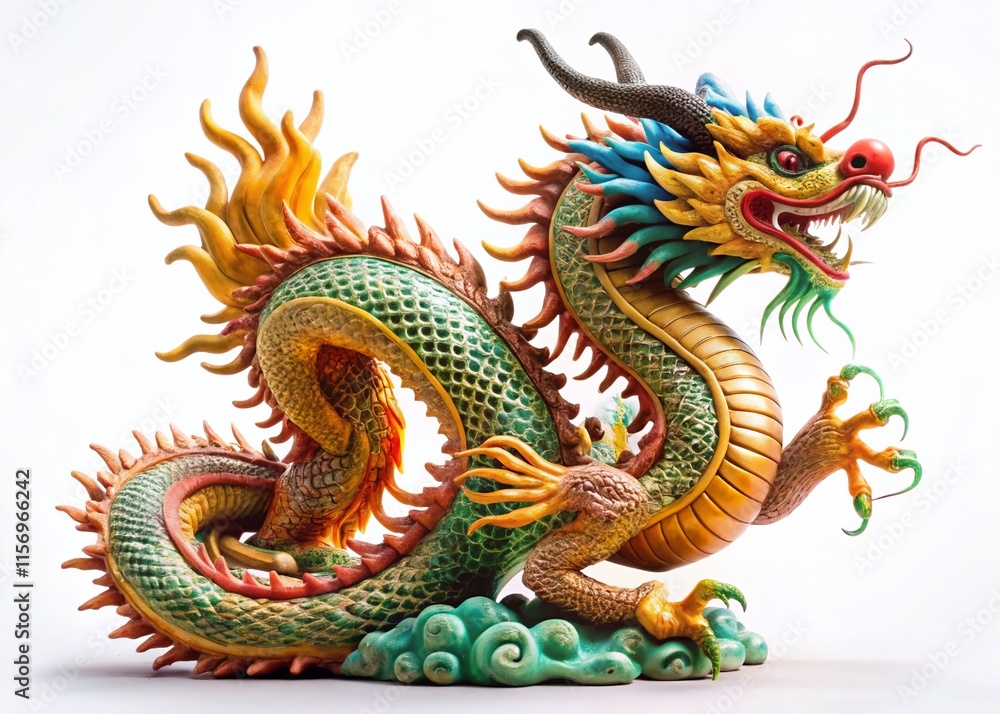 Obraz premium Majestic Chinese Dragon Statue, Isolated on White Background - Stock Photo