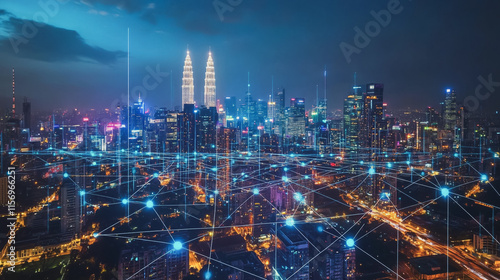 Wallpaper Mural Smart digital Innovation city with connection network reciprocity over the cityscape. of future smart wireless digital city and social media networking systems that connects people with in city Torontodigital.ca