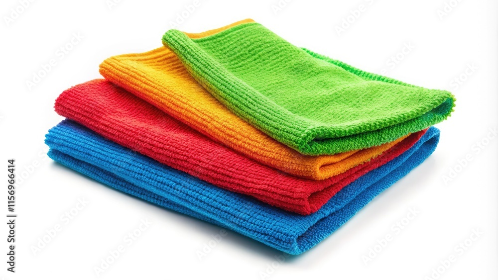 Fototapeta premium Vibrant microfiber cloths, perfect for cleaning, isolated on white. Multicolored rags for spotless household chores.