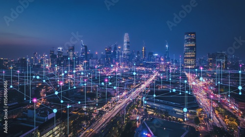 Wallpaper Mural Smart digital Innovation city with connection network reciprocity over the cityscape. of future smart wireless digital city and social media networking systems that connects people with in city Torontodigital.ca