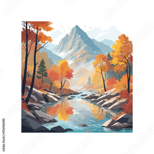 Mountain River Vector Illustration: Capturing Nature's Serenity in Art