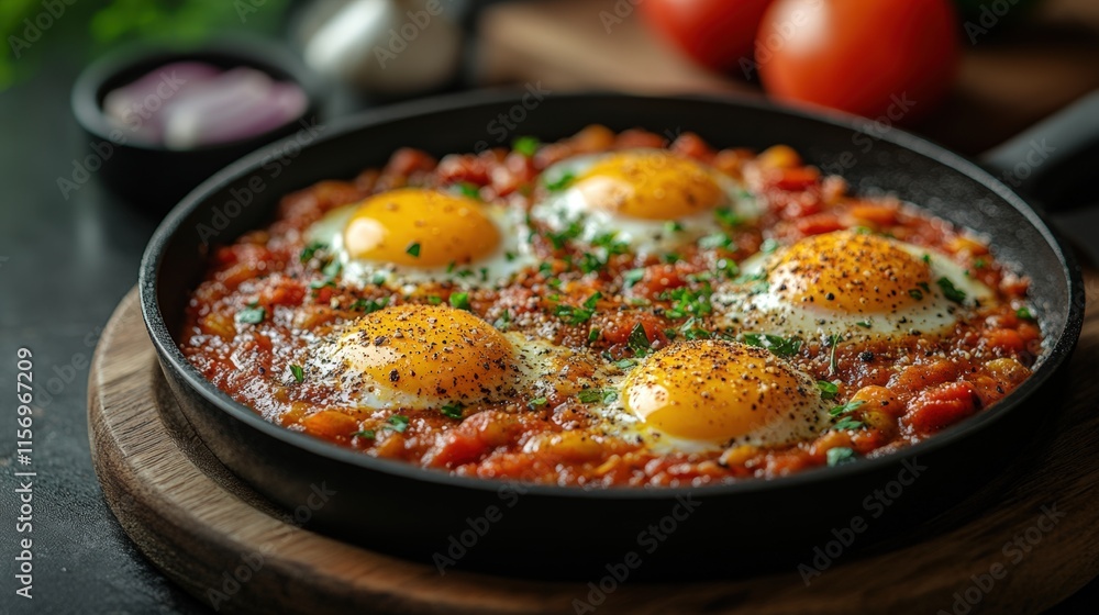 Shakshuka, eggs poached in spicy tomato sauce, in a cast iron skillet, garnished with fresh herbs and pepper. Shakshuka, eggs poached in spicy tomato sauce, in a cast iron skillet, garnished with fresh herbs and pepper.