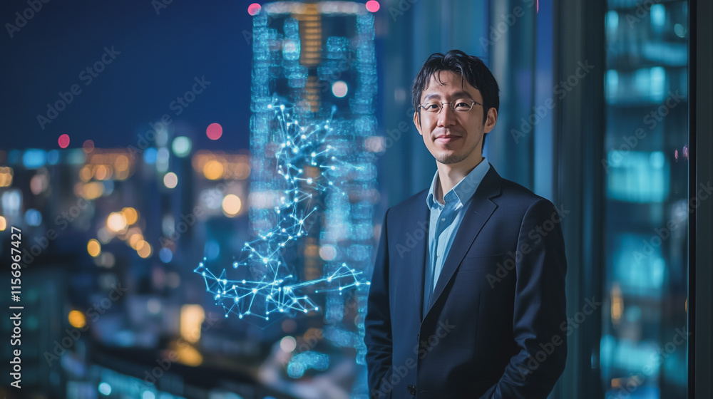 Fototapeta premium Abstract business man stands on the peak of success amid tall, innovative Smart city and graphs with statistics to analyze business potential and predict future developments in company growth.