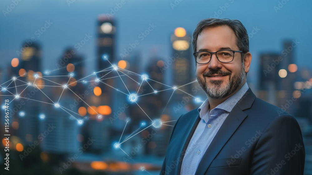 Fototapeta premium Abstract business man stands on the peak of success amid tall, innovative Smart city and graphs with statistics to analyze business potential and predict future developments in company growth.