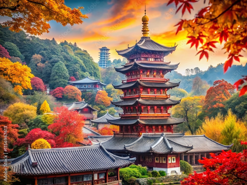 Obraz premium Majestic Linggu Temple Nanjing China - Ancient Pagoda & Autumn Foliage Stock Photo